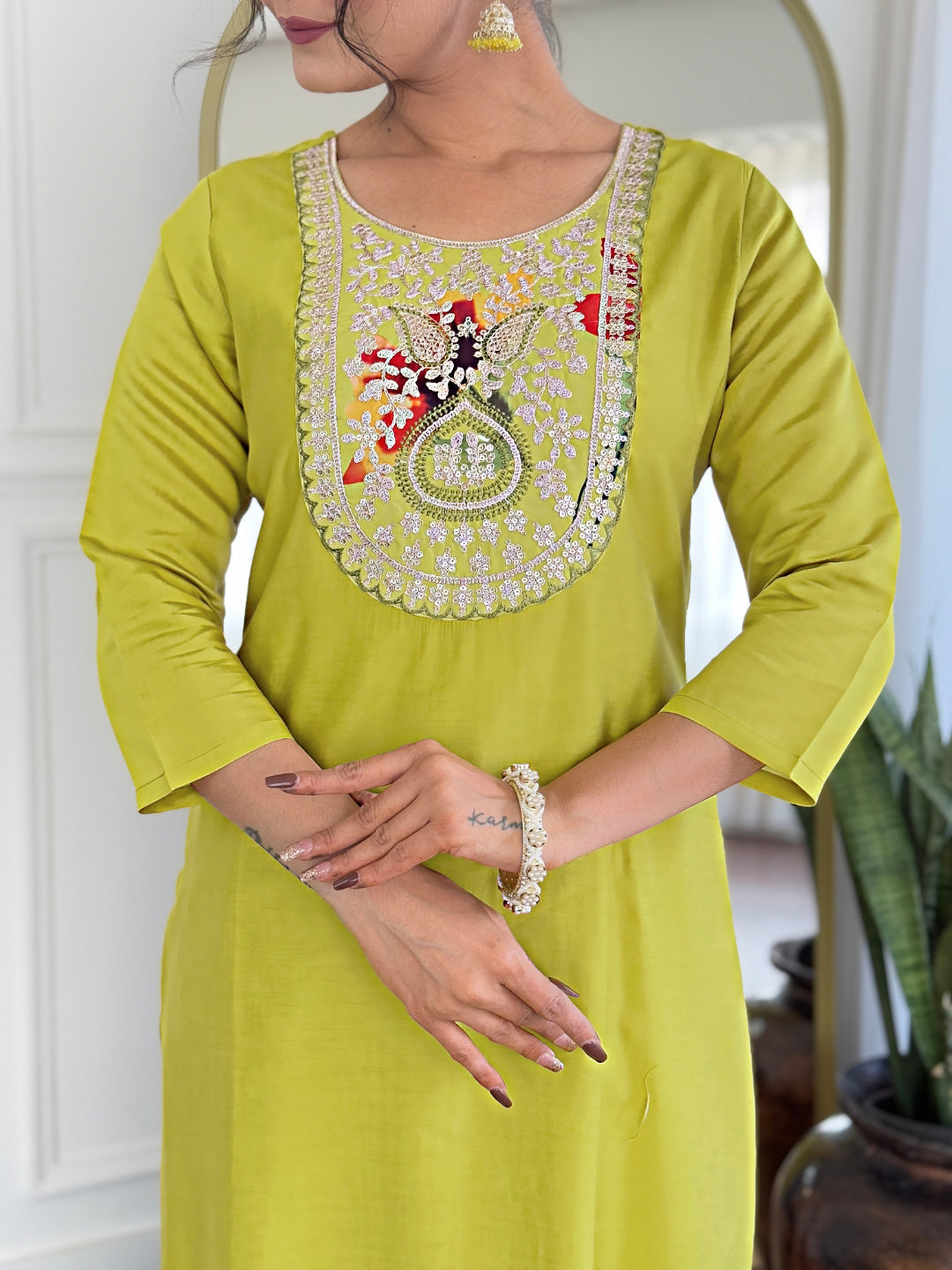The52 Liril Embroidered Rayon Fabric Straight Kurta, Pant and Dupatta Set