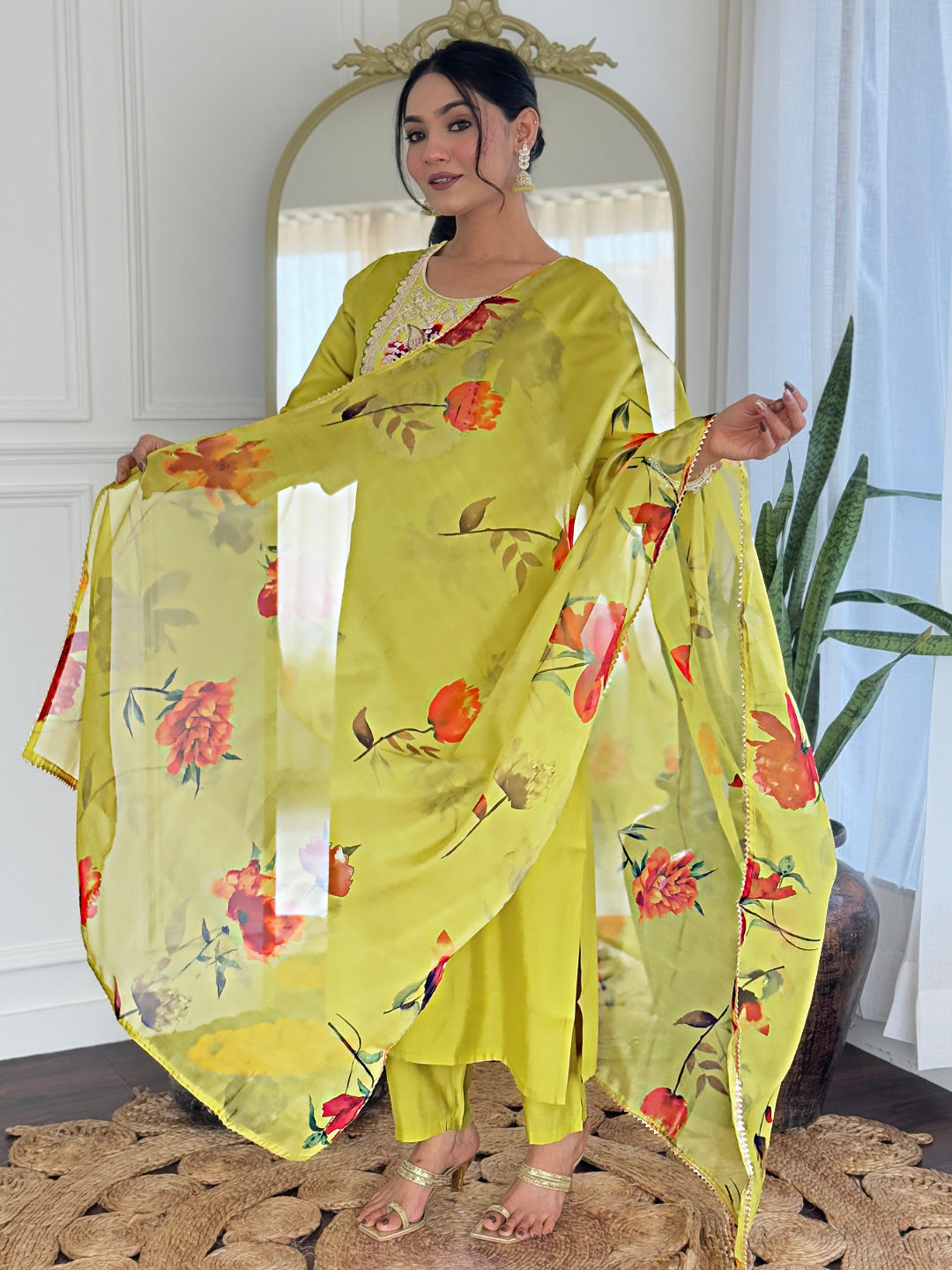 The52 Liril Embroidered Rayon Fabric Straight Kurta, Pant and Dupatta Set