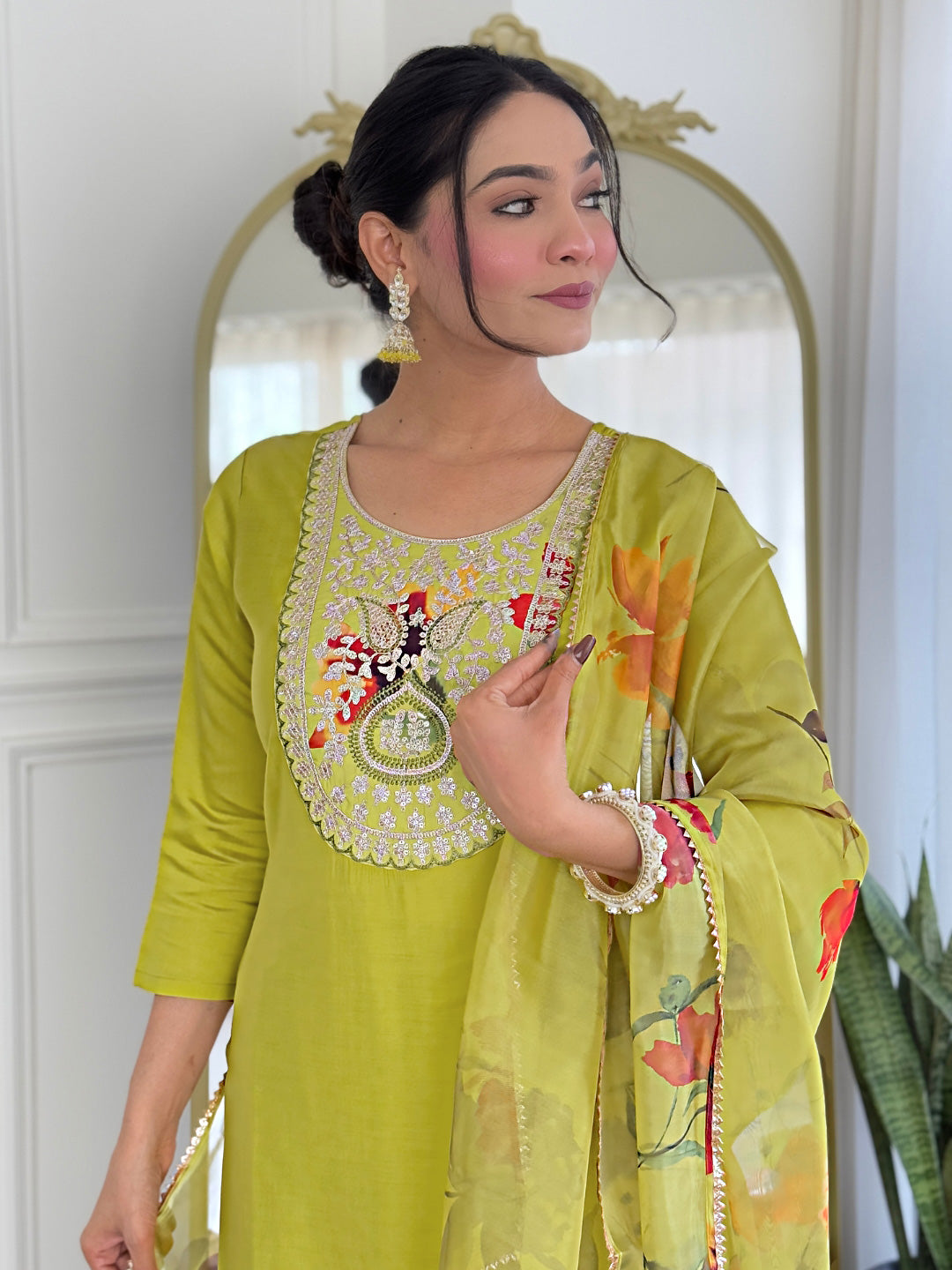 The52 Liril Embroidered Rayon Fabric Straight Kurta, Pant and Dupatta Set