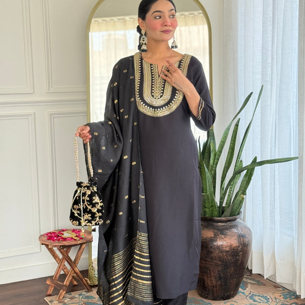 The52 Women's Black Embroidered Cotton Slub Fabric Straight Kurta, Pant and Dupatta Set - Distacart