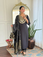 Thumbnail for The52 Women's Black Embroidered Cotton Slub Fabric Straight Kurta, Pant and Dupatta Set