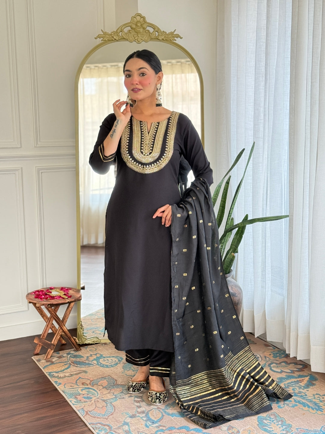 The52 Women's Black Embroidered Cotton Slub Fabric Straight Kurta, Pant and Dupatta Set