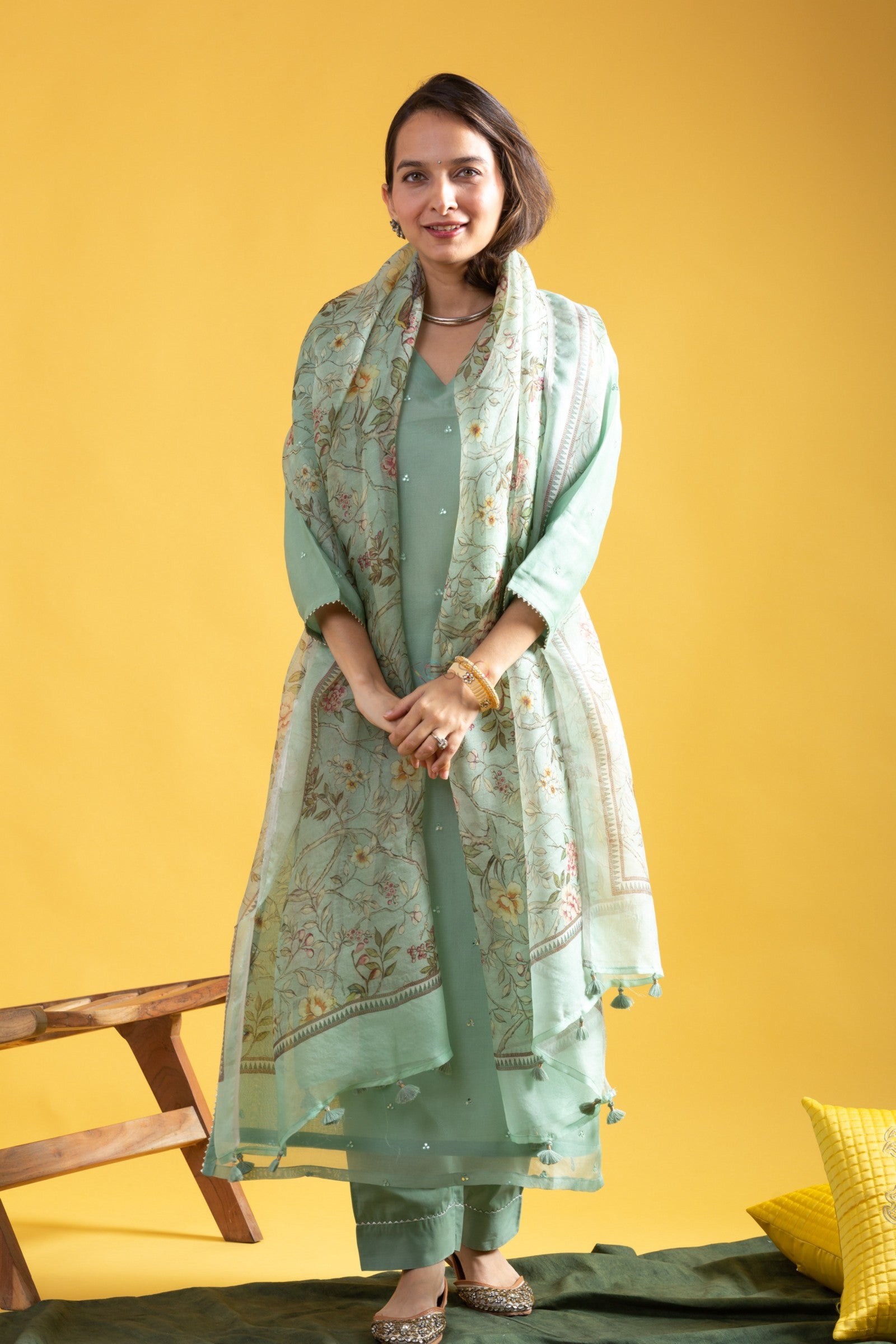 Lorenvalley Seagreen Roman Silk Embroidered With Sequence work Kurta Set