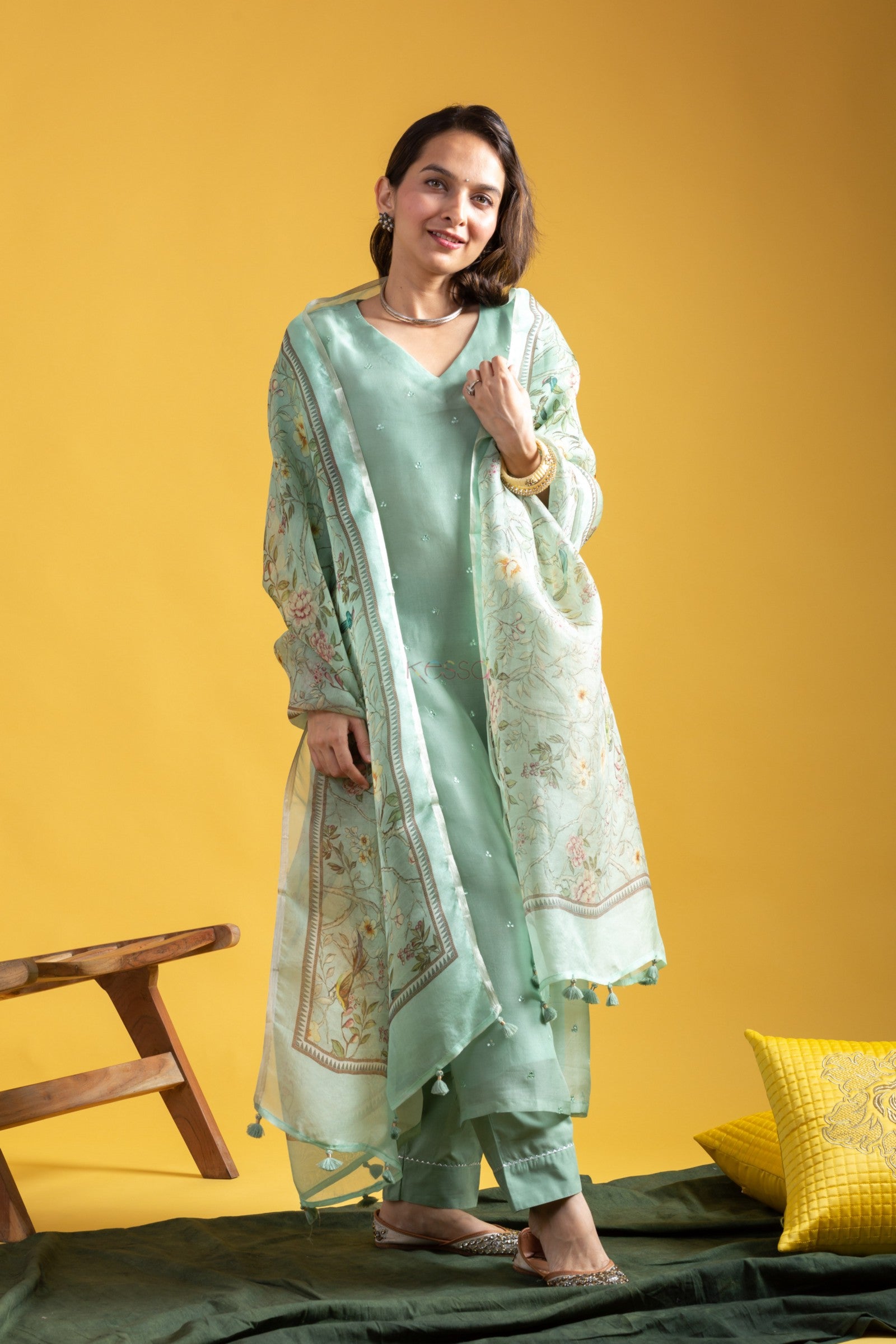 Lorenvalley Seagreen Roman Silk Embroidered With Sequence work Kurta Set