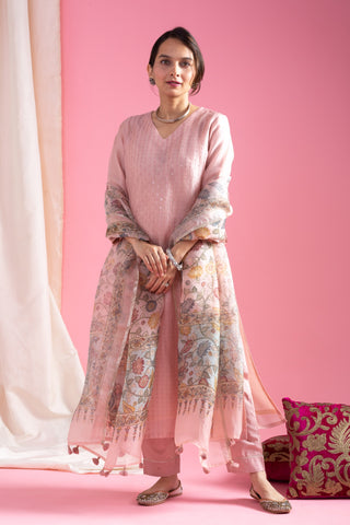 Lorenvalley Pink Roman Silk Embroidered With Sequence work Kurta Set