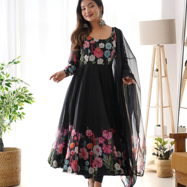 Lehenga Mart Designer Anarkali Suit With Kurta Pant Dupatta For Women-Black - Dista