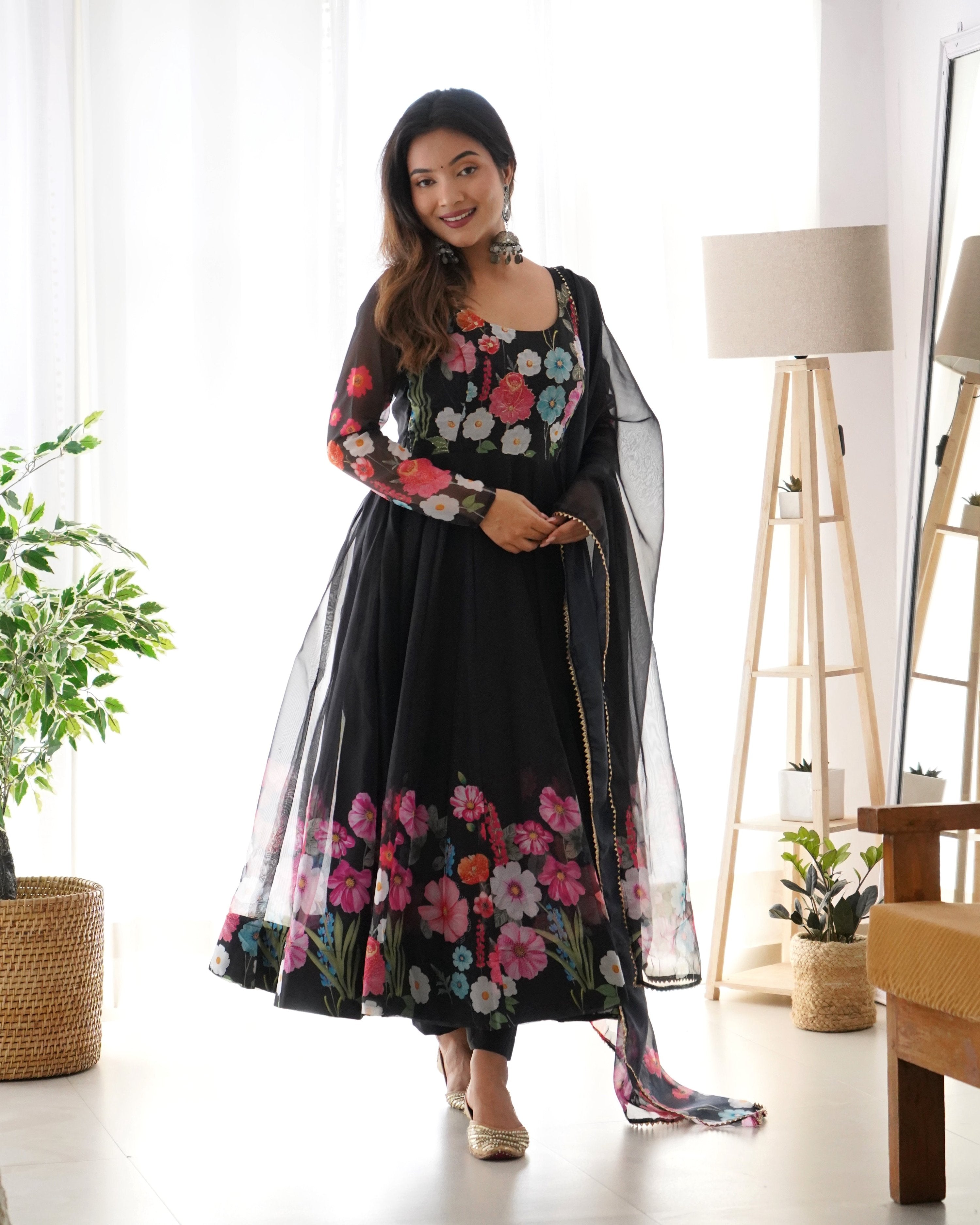 Lehenga Mart Designer Anarkali Suit With Kurta Pant Dupatta For Women-Black - Dista