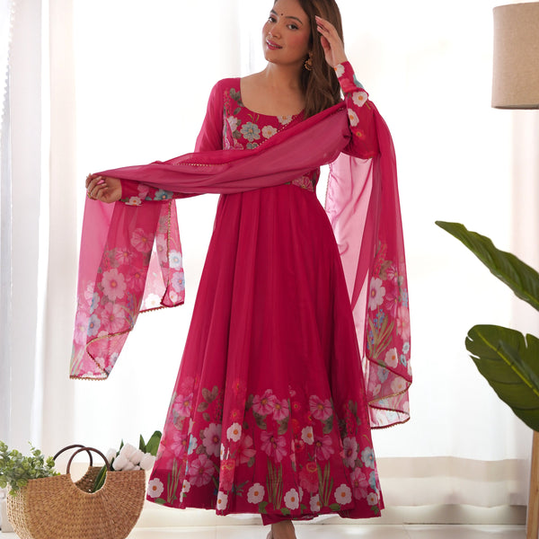 Lehenga Mart Designer Anarkali Suit With Kurta Pant Dupatta For Women-Pink - Dista