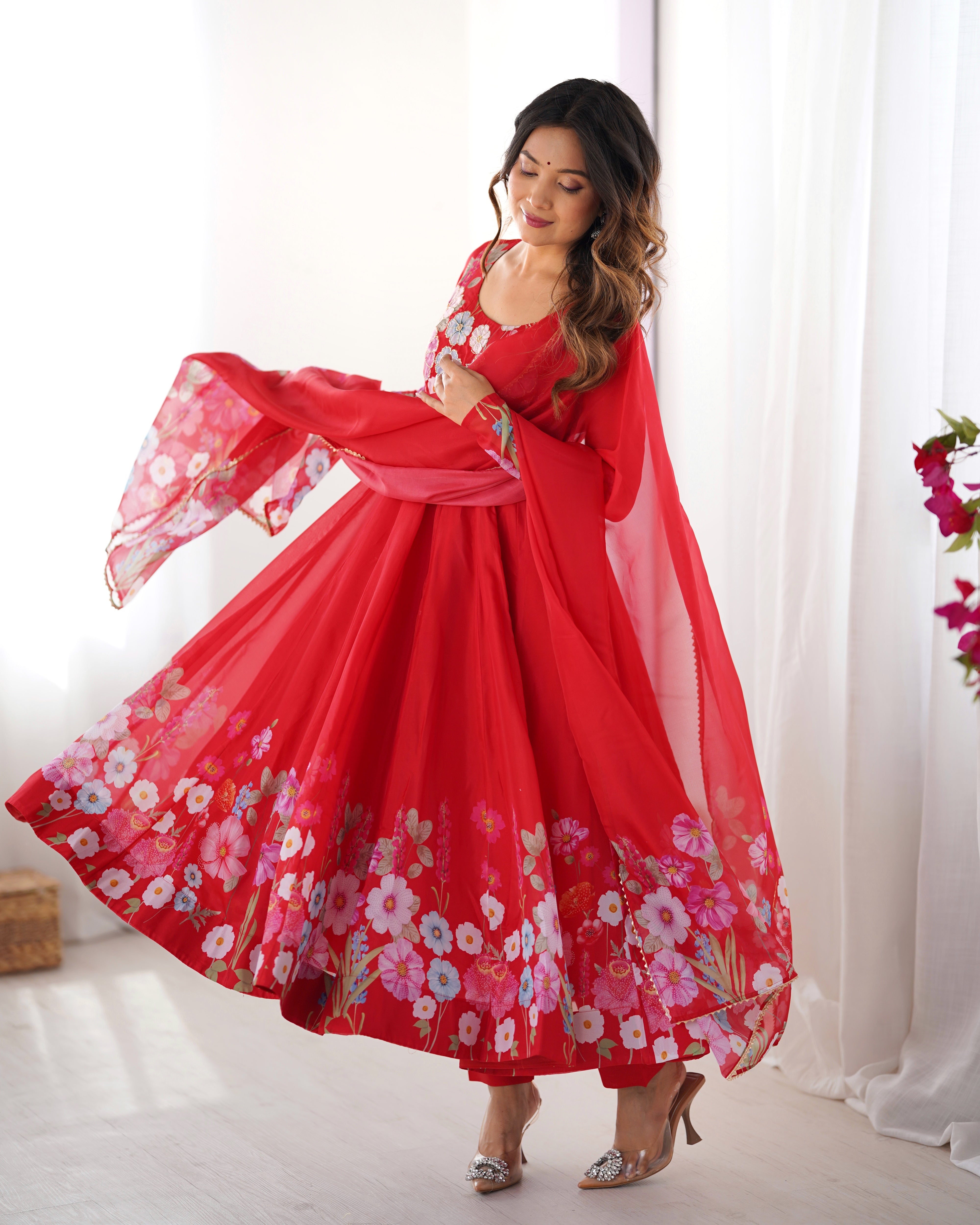 Lehenga Mart Designer Anarkali Suit With Kurta Pant Dupatta For Women-Red - Dista