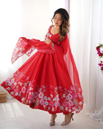 Thumbnail for Lehenga Mart Designer Anarkali Suit With Kurta Pant Dupatta For Women-Red - Dista