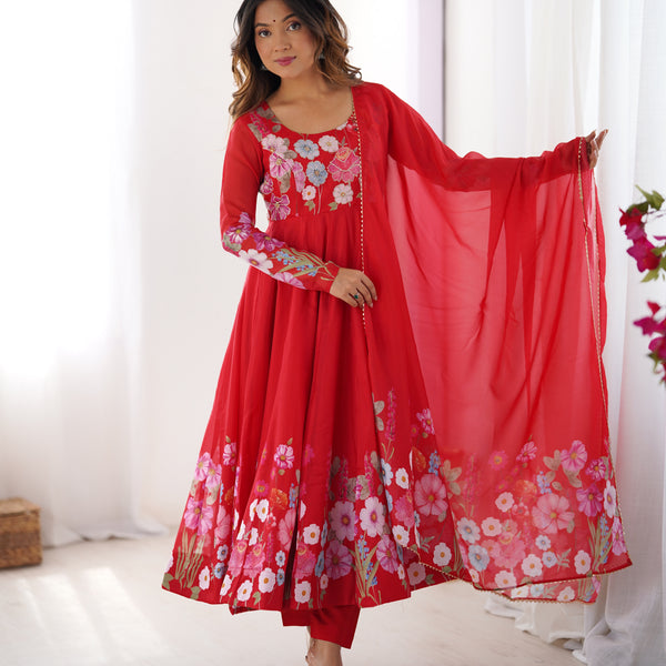 Lehenga Mart Designer Anarkali Suit With Kurta Pant Dupatta For Women-Red - Dista