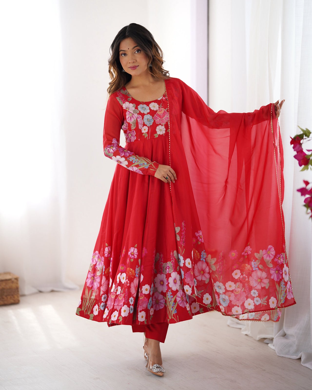 Lehenga Mart Designer Anarkali Suit With Kurta Pant Dupatta For Women-Red - Dista