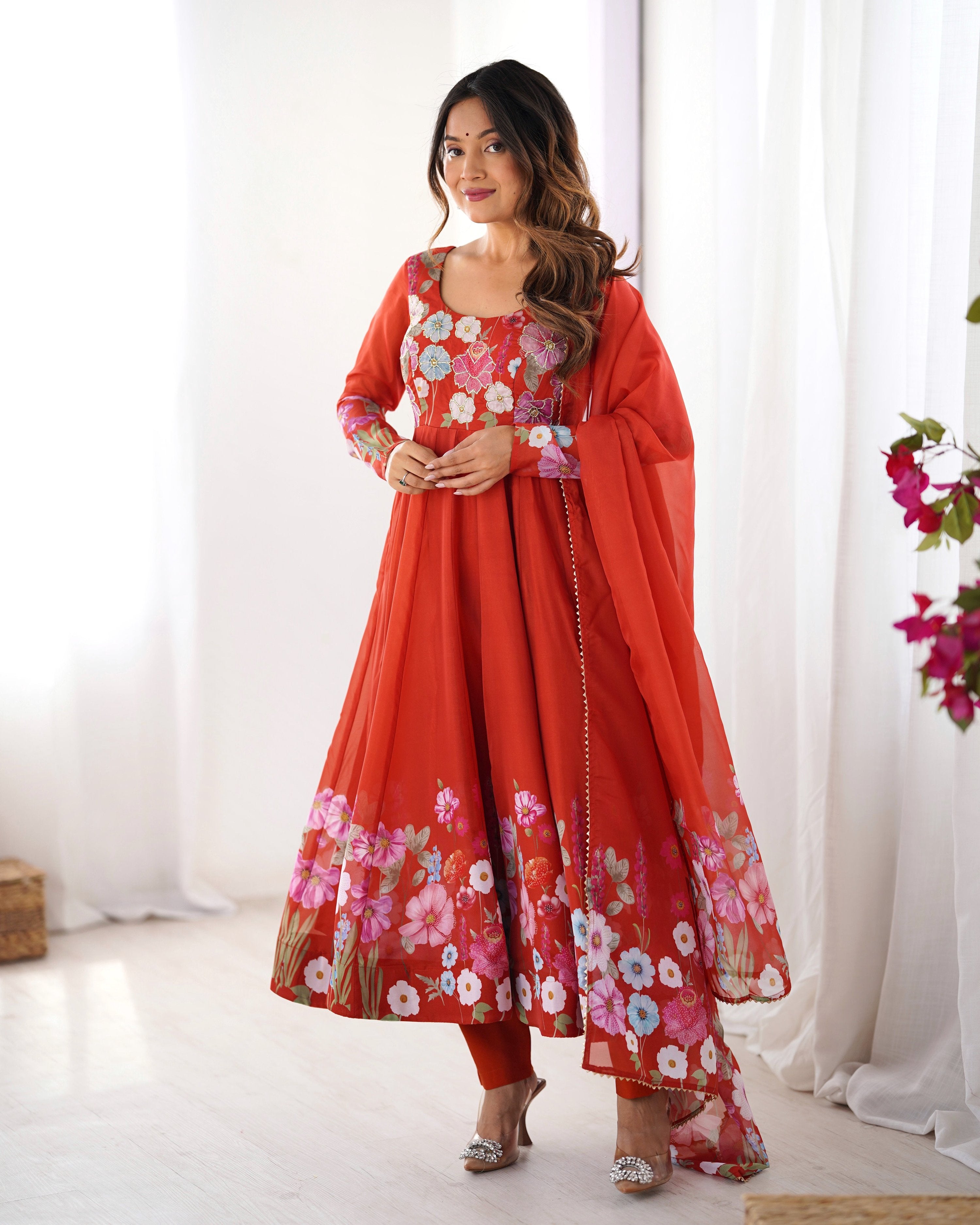 Lehenga Mart Designer Anarkali Suit With Kurta Pant Dupatta For Women-Rust - Dista