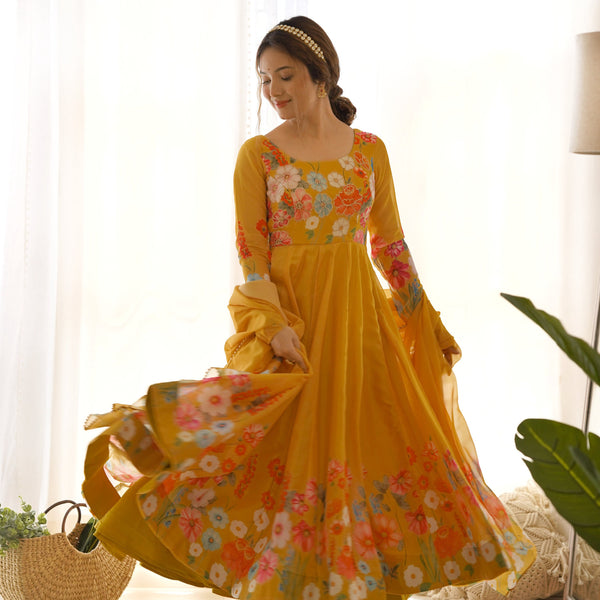 Lehenga Mart Designer Anarkali Suit With Kurta Pant Dupatta For Women-Yellow - Dista