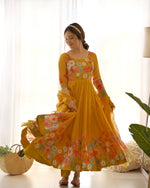 Thumbnail for Lehenga Mart Designer Anarkali Suit With Kurta Pant Dupatta For Women-Yellow - Dista
