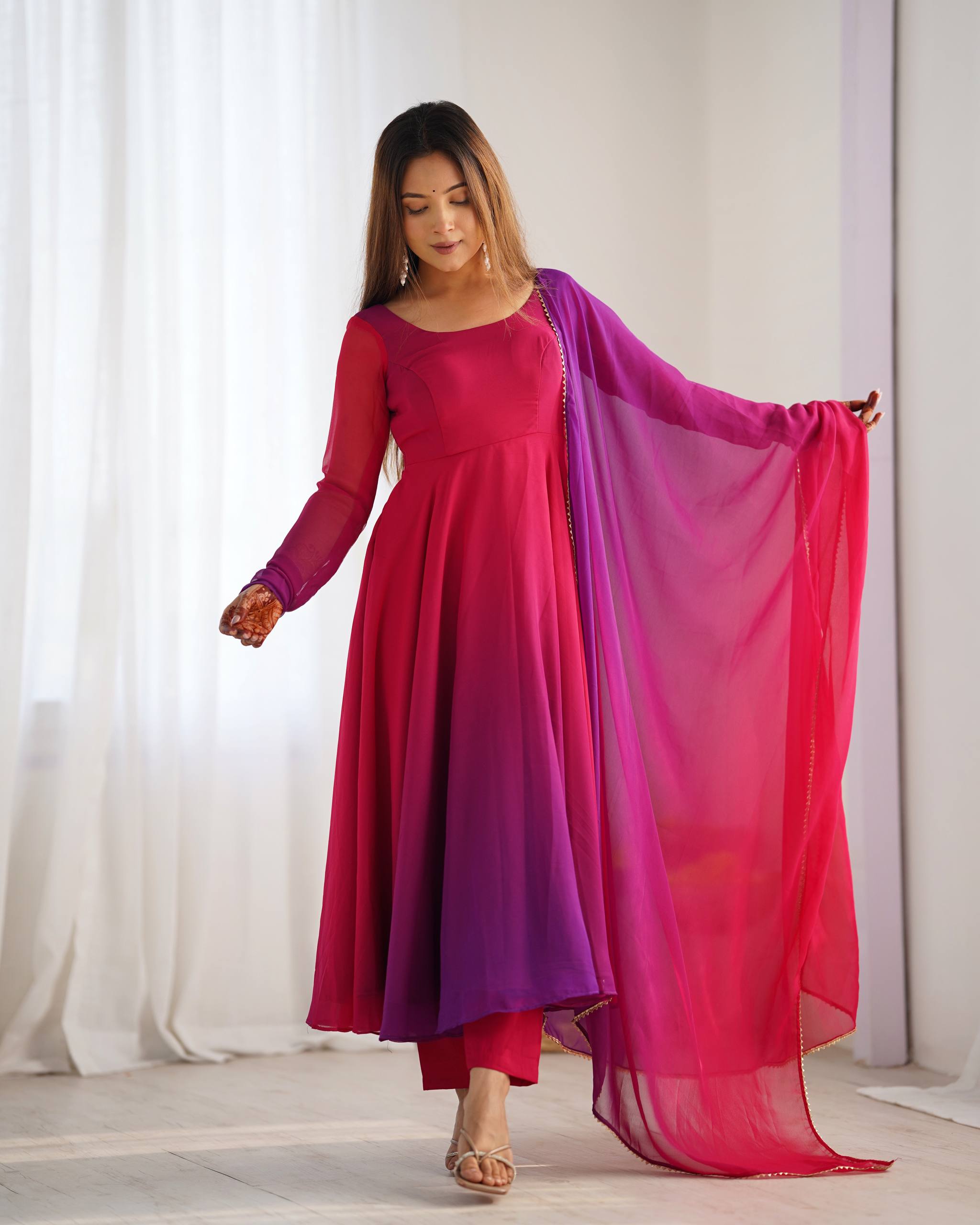 Lehenga Mart Designer Anarkali Suit With Kurta Pant Dupatta For Women-Dark Pink - Dista
