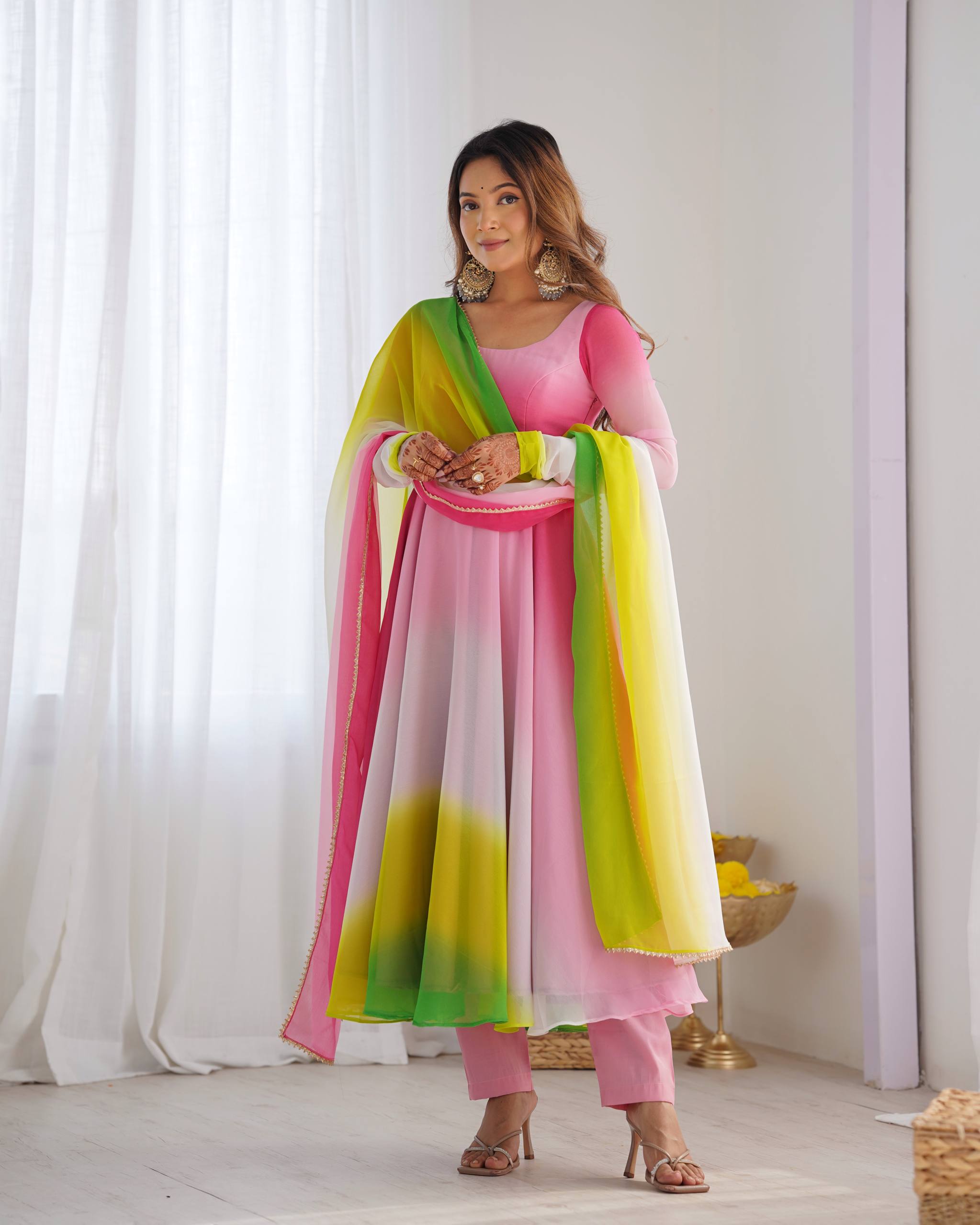Lehenga Mart Designer Anarkali Suit With Kurta Pant Dupatta For Women-Multicolor - Dista