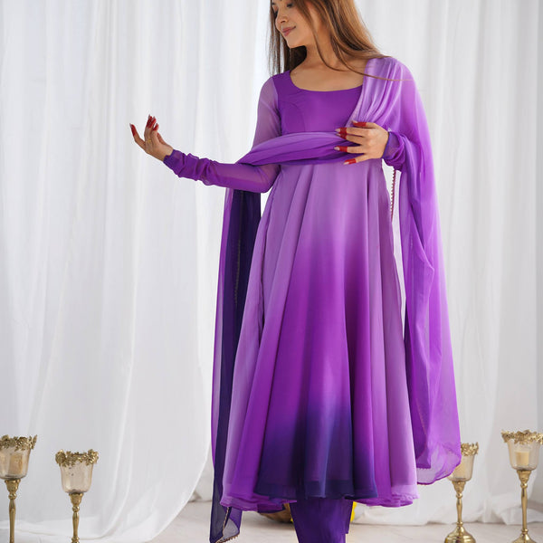 Lehenga Mart Designer Anarkali Suit With Kurta Pant Dupatta For Women-Purple - Dista