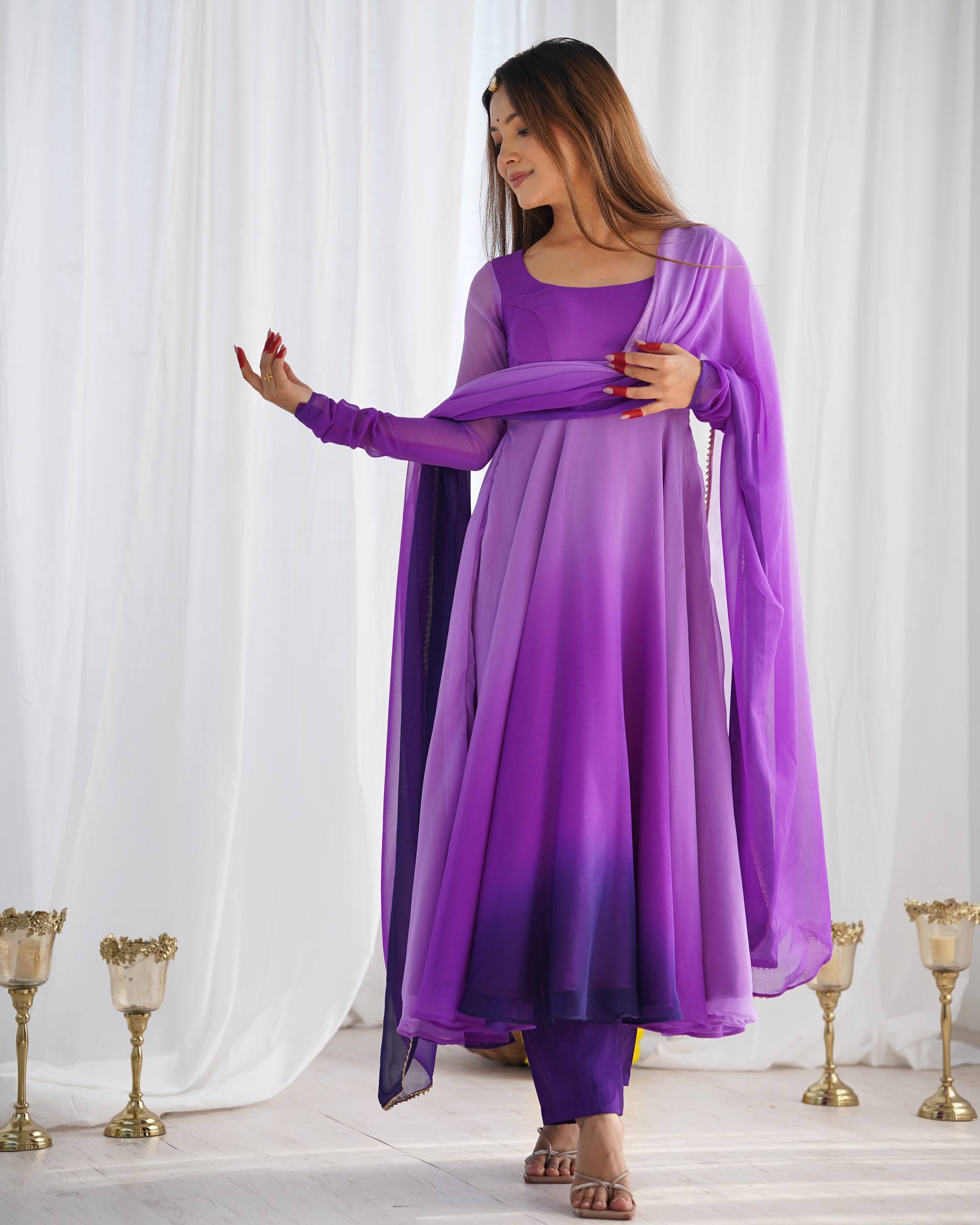 Lehenga Mart Designer Anarkali Suit With Kurta Pant Dupatta For Women-Purple - Dista