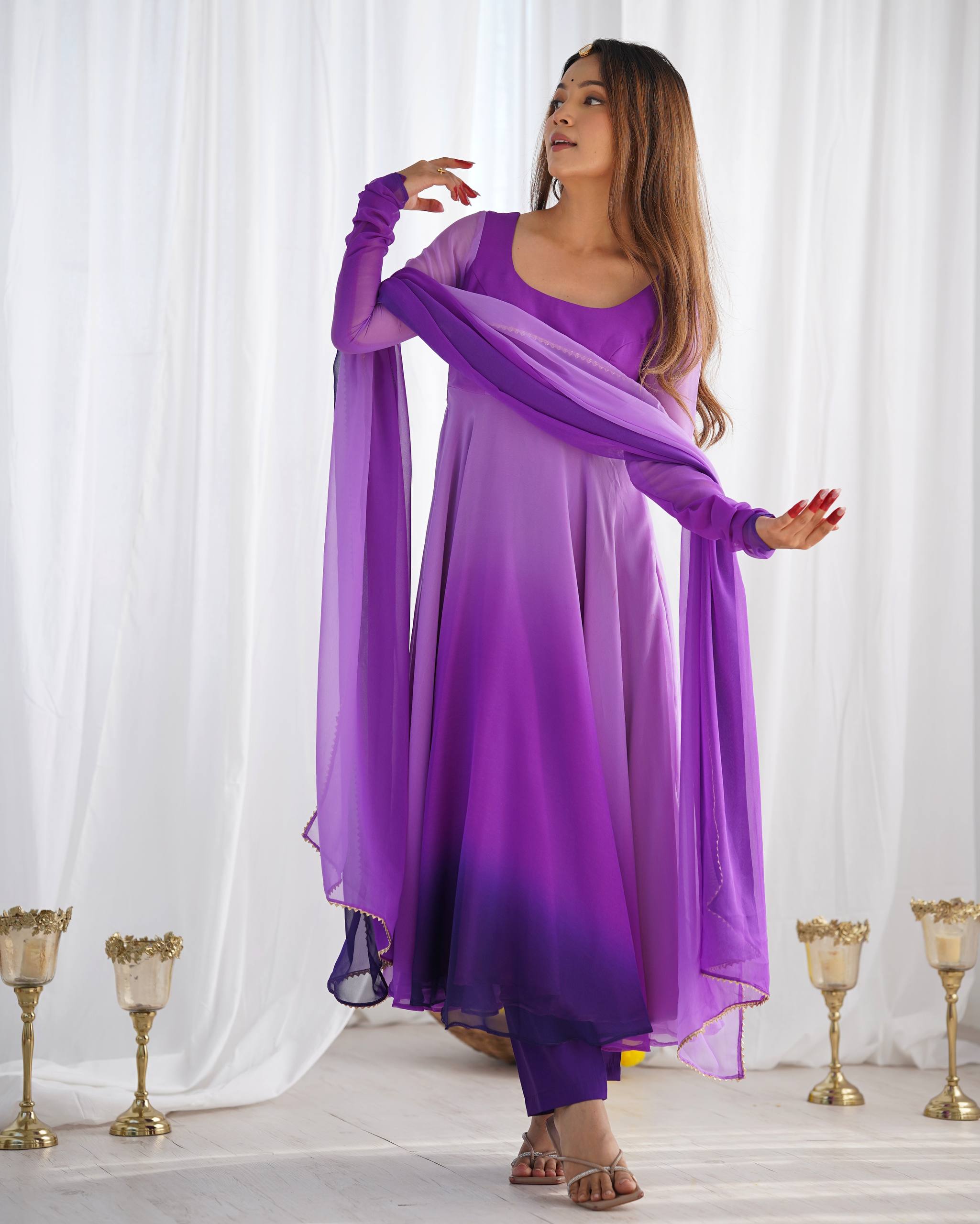 Lehenga Mart Designer Anarkali Suit With Kurta Pant Dupatta For Women-Purple - Dista