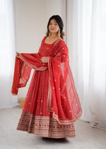 Thumbnail for Lehenga Mart Designer Anarkali Suit Ready To Wear Kurta Pant With Dupatta For Women-Rust Orange - Distacart