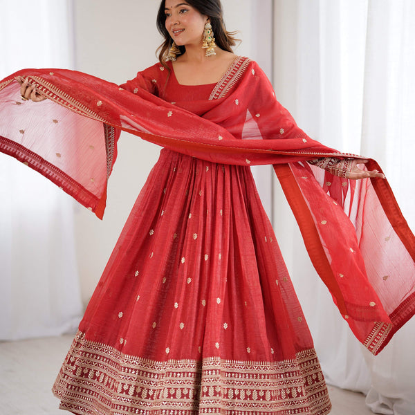 Lehenga Mart Designer Anarkali Suit Ready To Wear Kurta Pant With Dupatta For Women-Rust Orange - Distacart