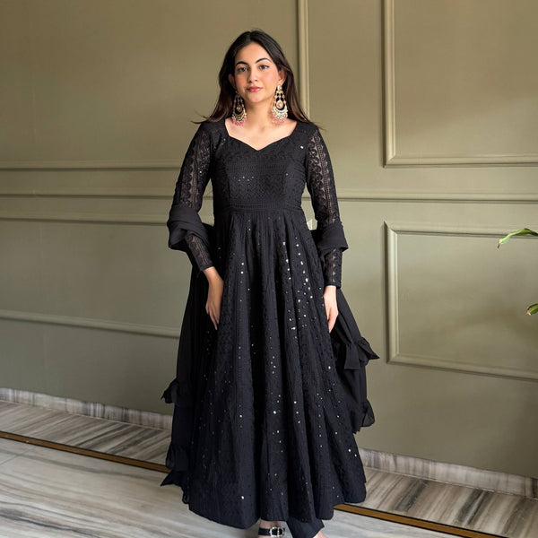 Lehenga Mart Designer Anarkali Suit With Kurta Pant Dupatta For Women-Black - Dista