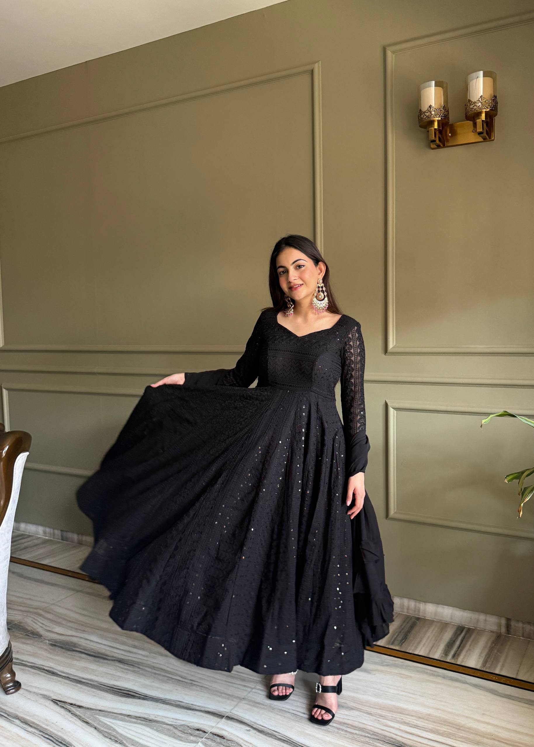 Lehenga Mart Designer Anarkali Suit With Kurta Pant Dupatta For Women-Black - Dista