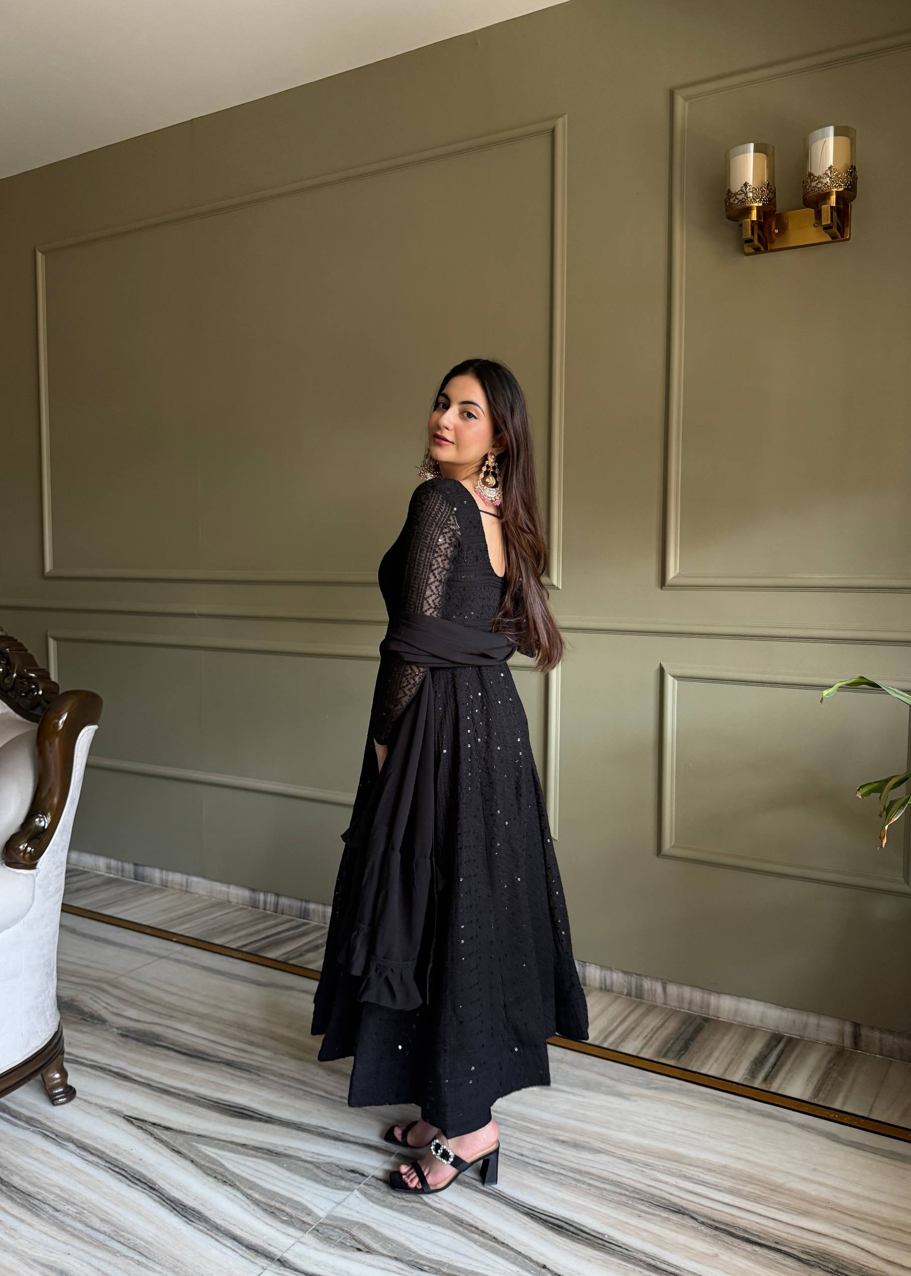 Lehenga Mart Designer Anarkali Suit With Kurta Pant Dupatta For Women-Black - Dista