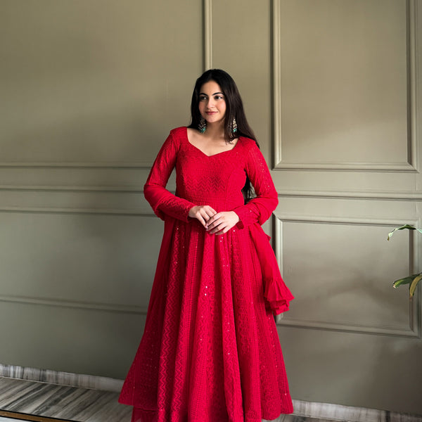 Lehenga Mart Designer Anarkali Suit With Kurta Pant Dupatta For Women-Red - Dista