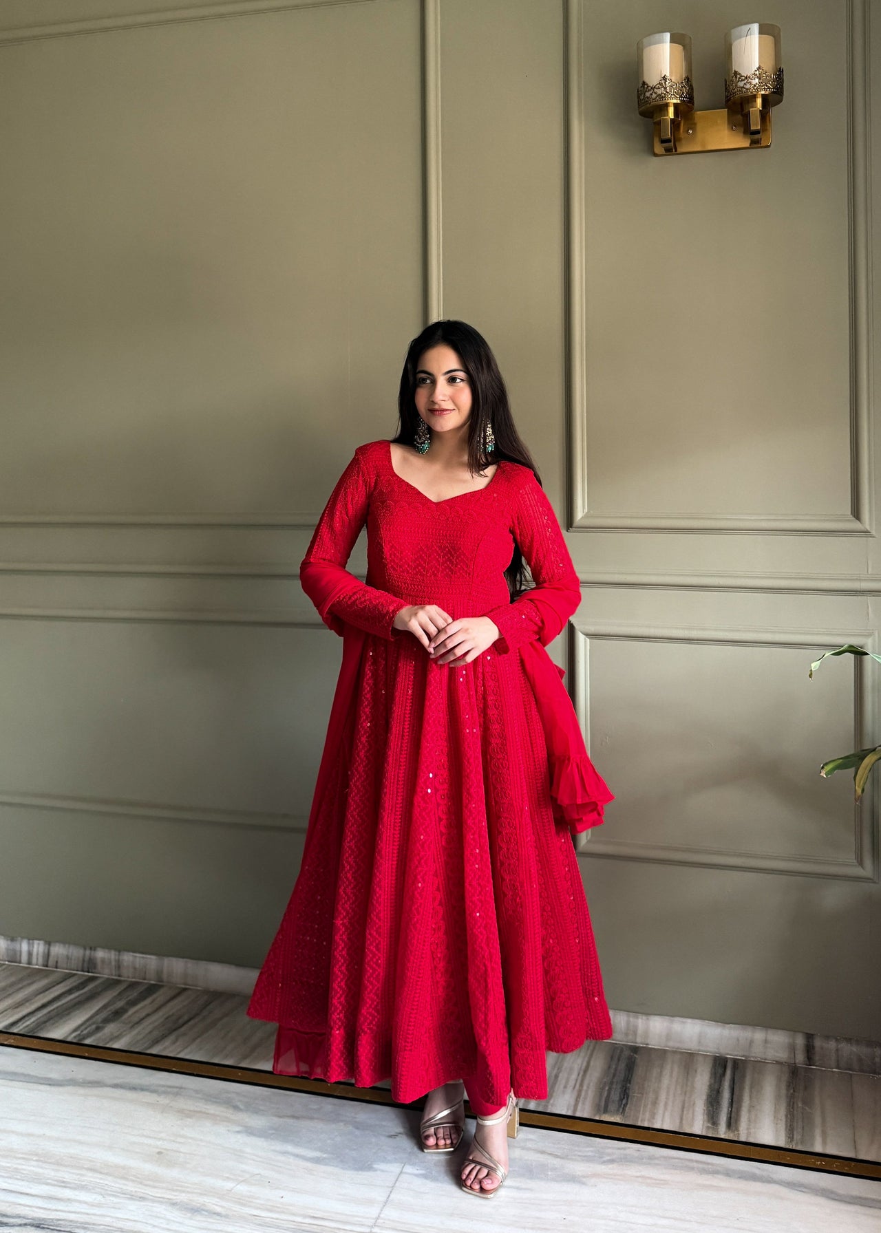 Lehenga Mart Designer Anarkali Suit With Kurta Pant Dupatta For Women-Red - Dista