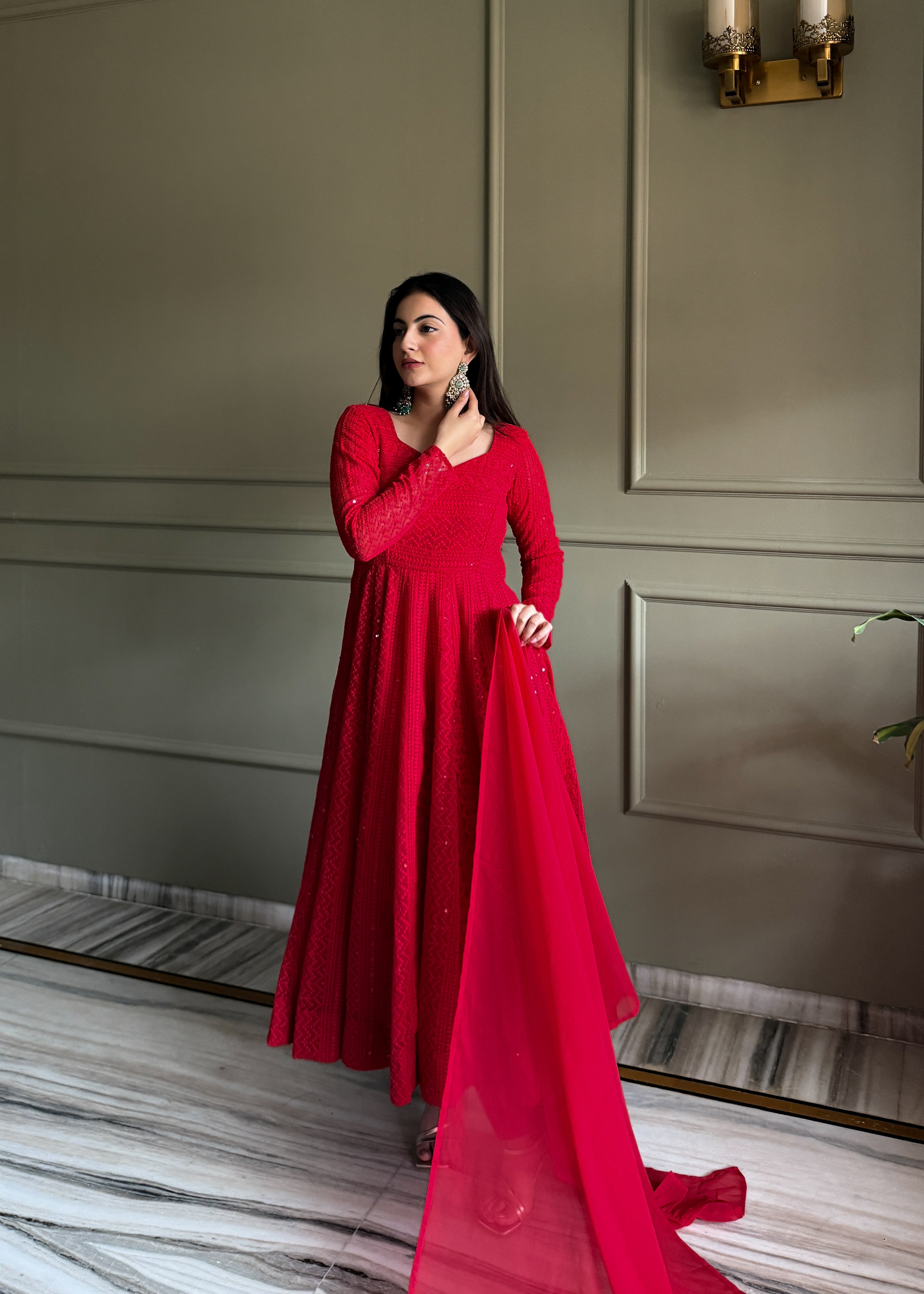 Lehenga Mart Designer Anarkali Suit With Kurta Pant Dupatta For Women-Red - Dista