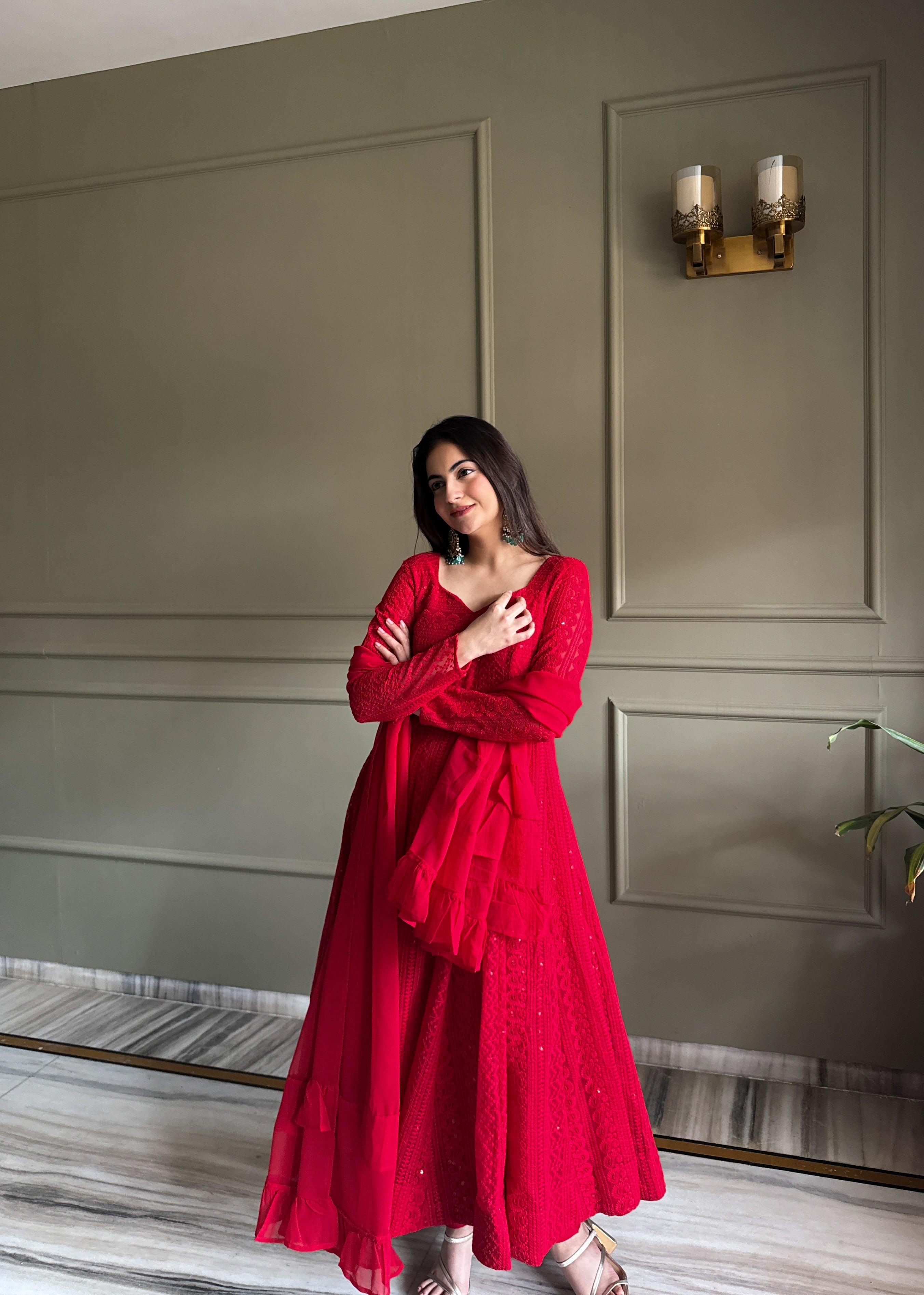 Lehenga Mart Designer Anarkali Suit With Kurta Pant Dupatta For Women-Red - Dista