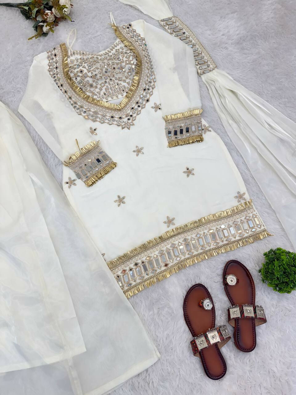 Teeya Creation New Trendy Stylish Real Mirror Work With Lace Border Kurta Set - Dista
