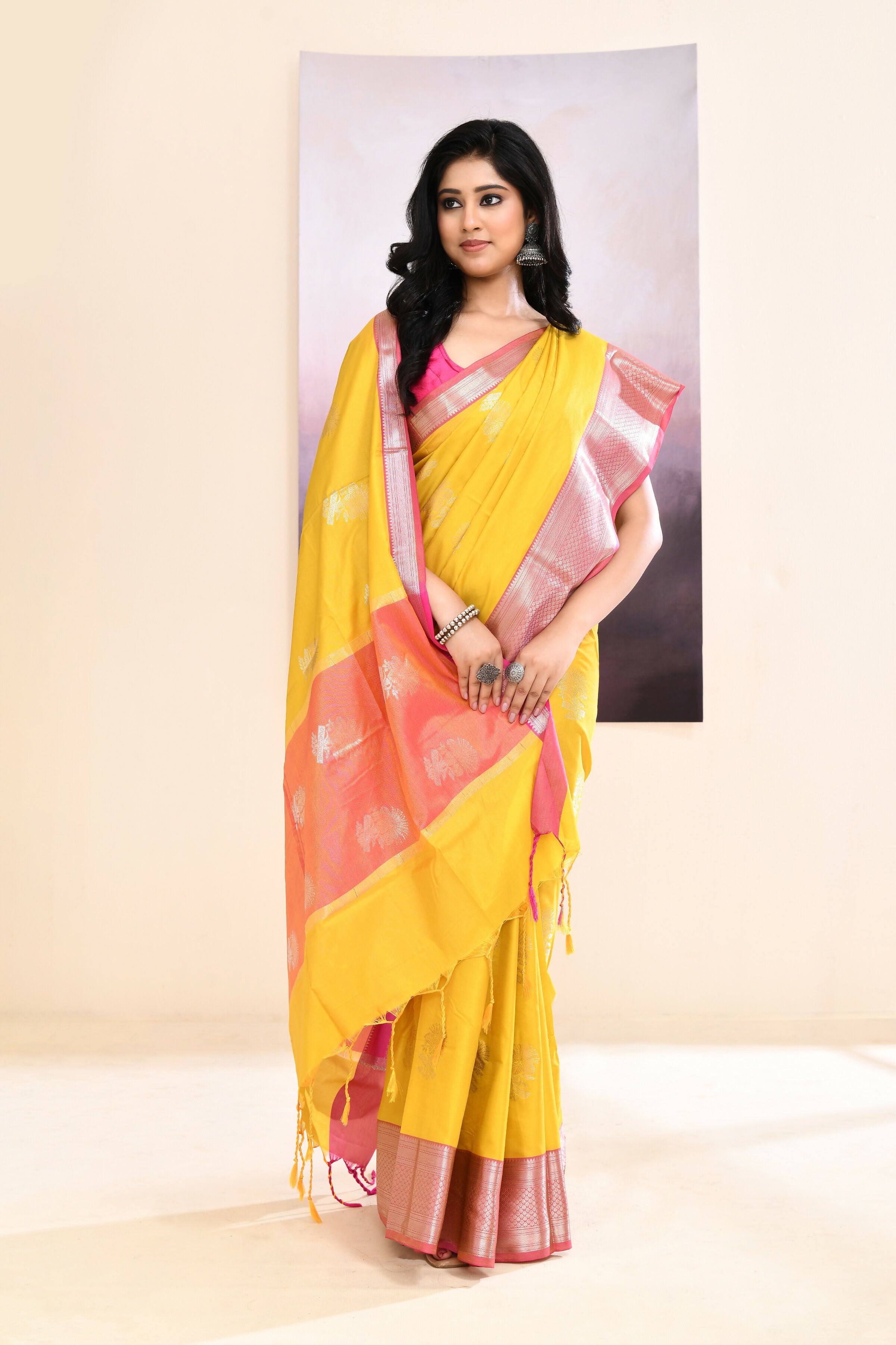 Piyari Fashion Women's Mustard Yellow Embellished Silk Saree - Dista
