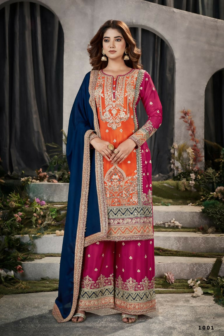 Partywear Designer Keshri Chinon Fabric suit - Shagun - Distacart