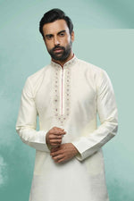 Thumbnail for Raivat Ethnic Art Silk Mirror Embroidery Work Kurta Pajama In Cream Colour - Dista
