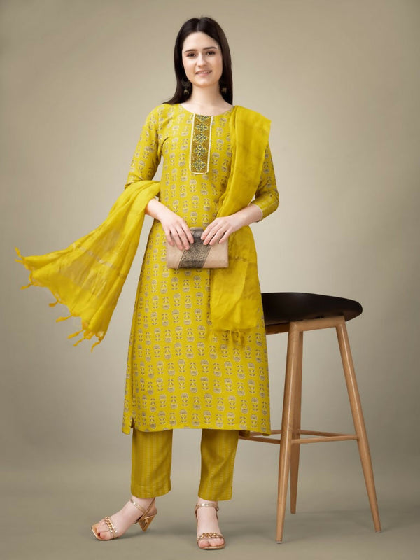 Jyoti Fashion Women's Yellow Rayon Embroidery & Sequence work Kurta with Trouser & Dupatta - Distacart