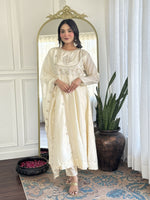 Thumbnail for The52 CreamWomen's Gorgeous Embroidered Vichitra Silk Fabric Flared Kurta Pant with Dupatta Set - Distacart