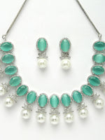 Thumbnail for NVR Women's Silver-Plated Green American Diamond Studded Handcrafted Jewellery Set - Distacart