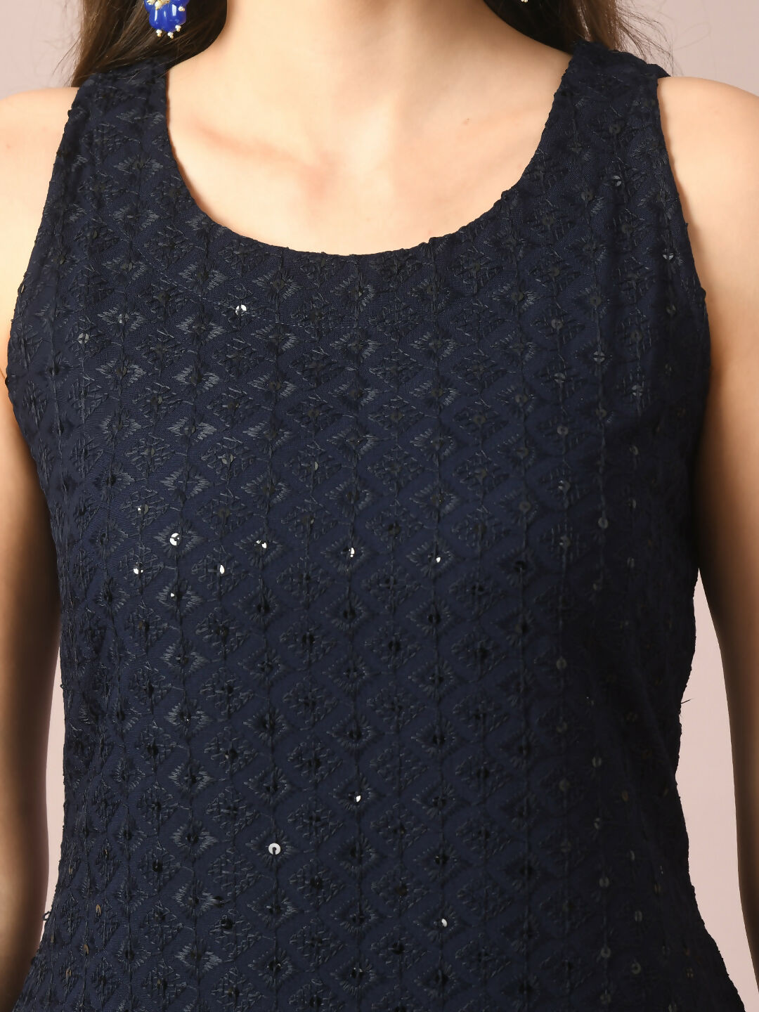 Myshka Women's Navy Blue Embroidered Cotton Straight Party Kurta Set With Dupatta - Distacart