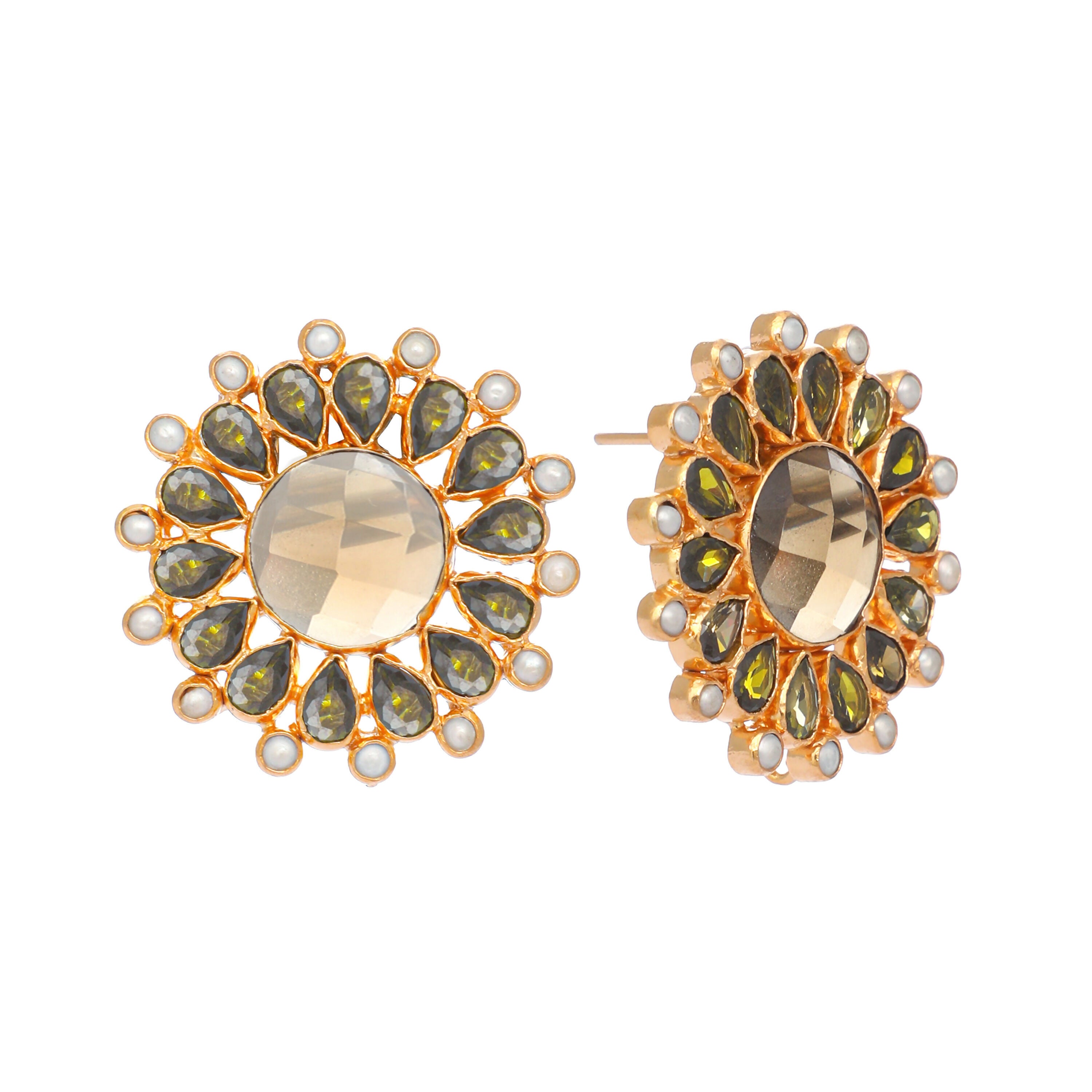 Nuyug 22K Gold Plated Faux Smoky Quartz & Crystal Studded Contemporary Floral Studs