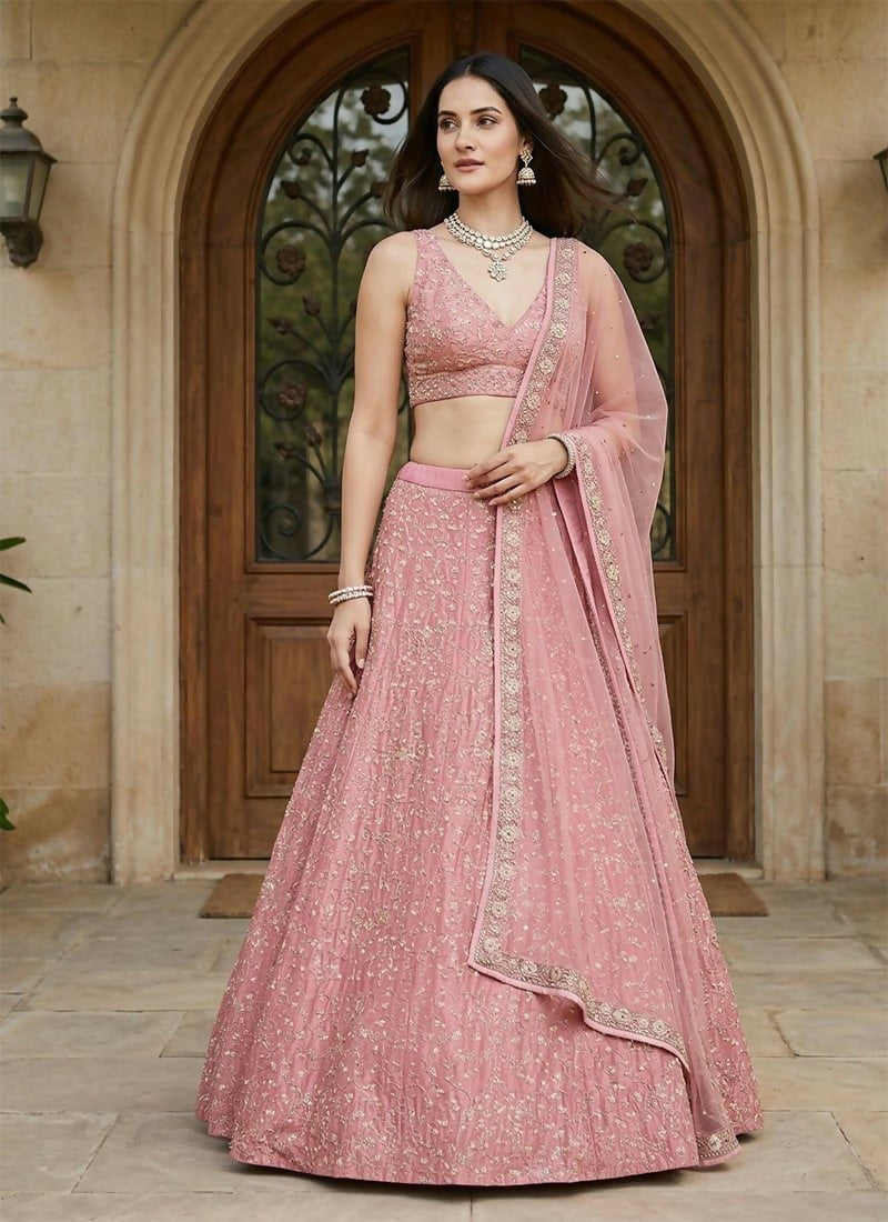 Lehenga Mart Pink Peach Malai Satin Silk Designer Bollywood Style Wedding Wear Lehenga Choli - Dista