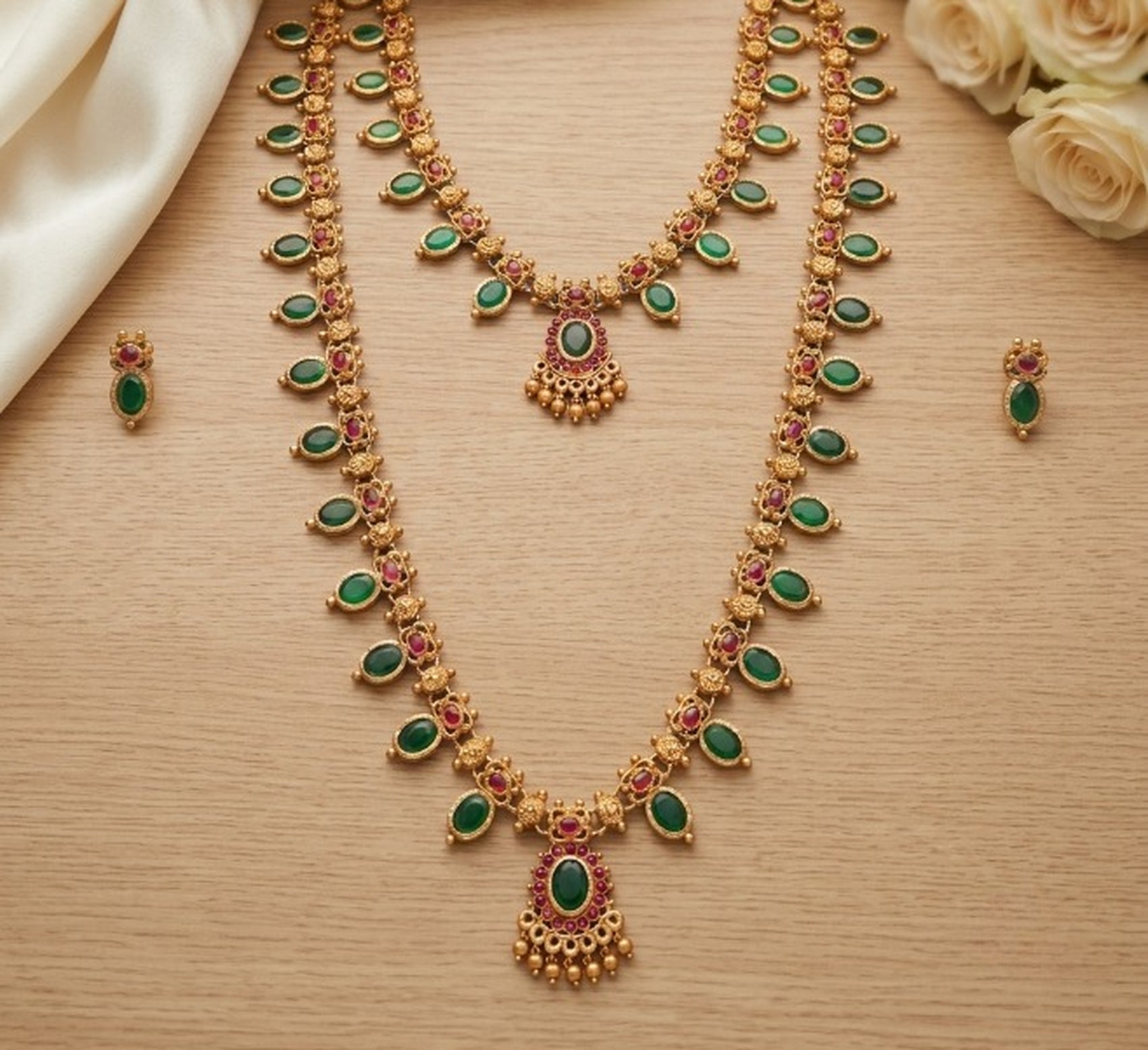 Jewel City Green Emerald Necklace Set Long Haram Temple Jewelry Set - Dista