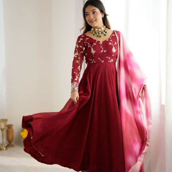 Teeya Creation Maroon Color Crunchy Silk Embroidery Work Gown