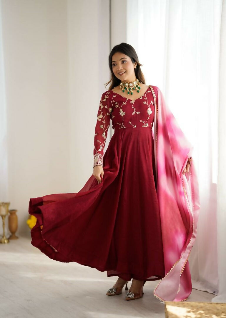 Teeya Creation Maroon Color Crunchy Silk Embroidery Work Gown
