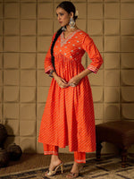 Thumbnail for Indo Era Bandhani Embroidered Empire Sequined A-Line Pure Cotton Kurta With Trousers