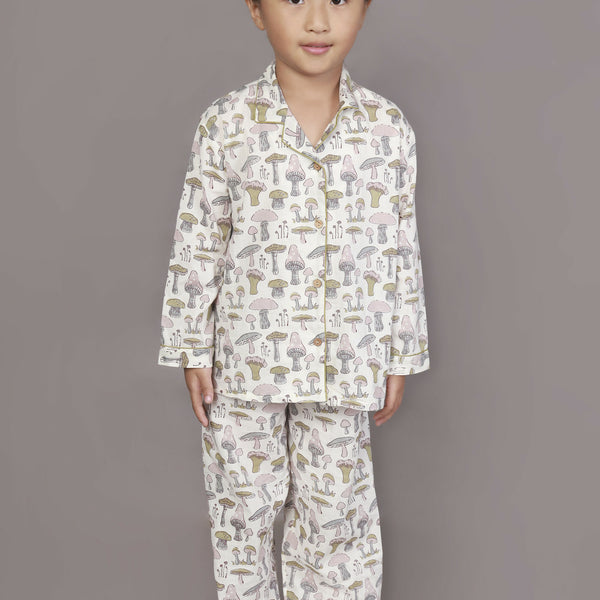 Breathables Kids Cotton White Mushroom Print Shirt & Pyjama Boys & Girls Night Suit - Dista