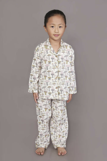 Breathables Kids Cotton White Mushroom Print Shirt & Pyjama Boys & Girls Night Suit - Dista