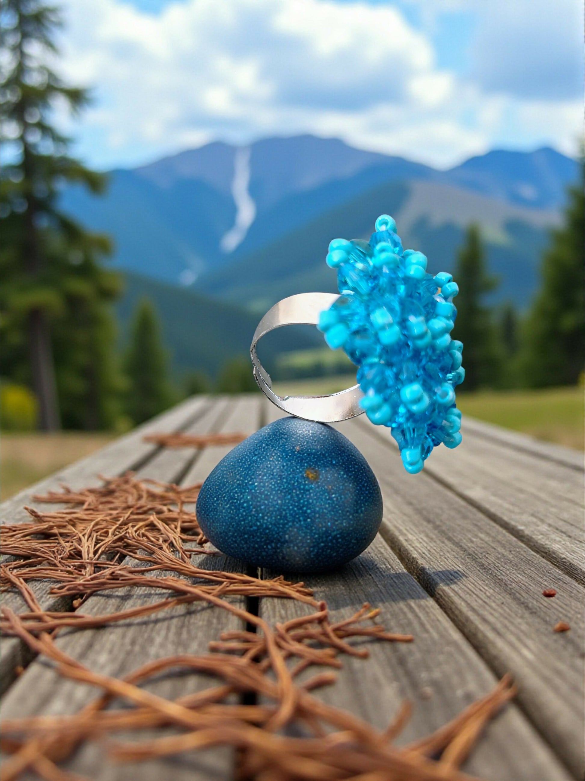 Inhanns Rang-E-Roshan Adjustable Ring – Handmade Crystal Statement Ring - Sky Blue - Distacart